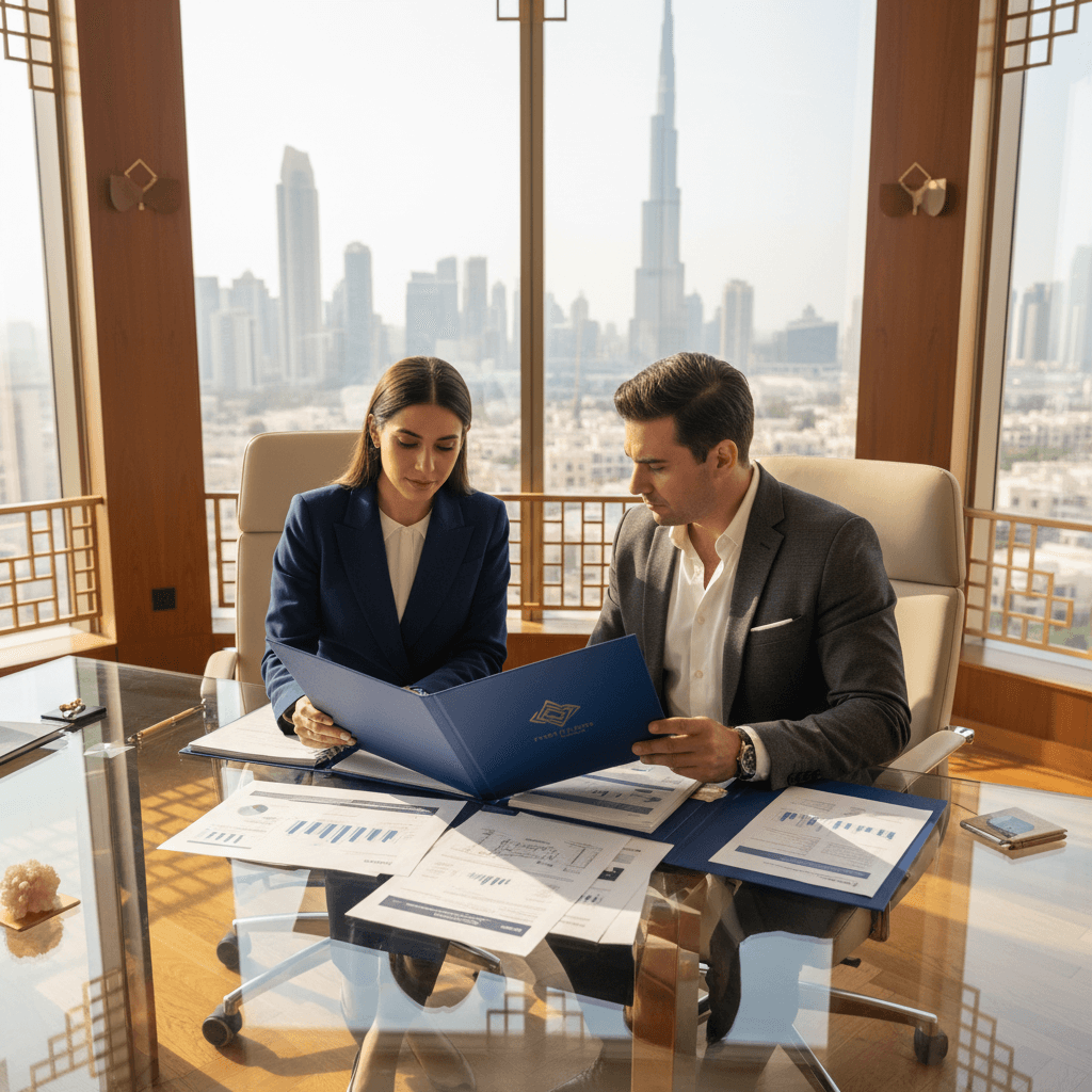 Business consultant assisting a client with Dubai mainland business setup paperwork