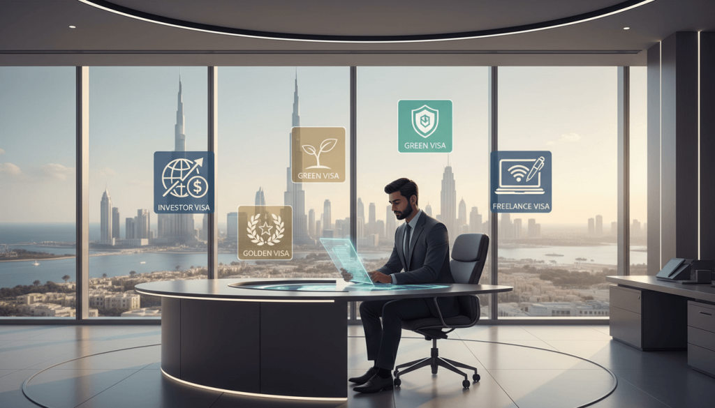 Business owner in Dubai reviewing options for investor, freelance, Green and Golden Visa as their own UAE residence route