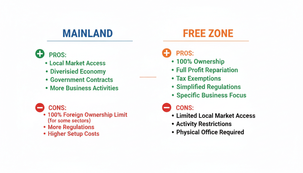 Chart comparing mainland and free zone options for starting a business in UAE