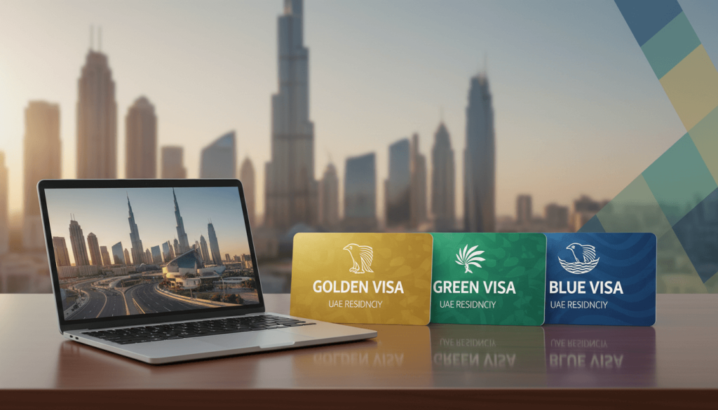 Conceptual image of UAE Golden, Green and Blue long-term residency visas