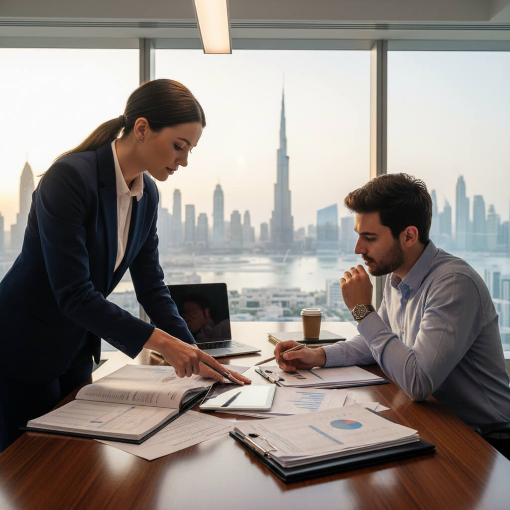 Consultant explaining UAE business license options for mainland and free zone