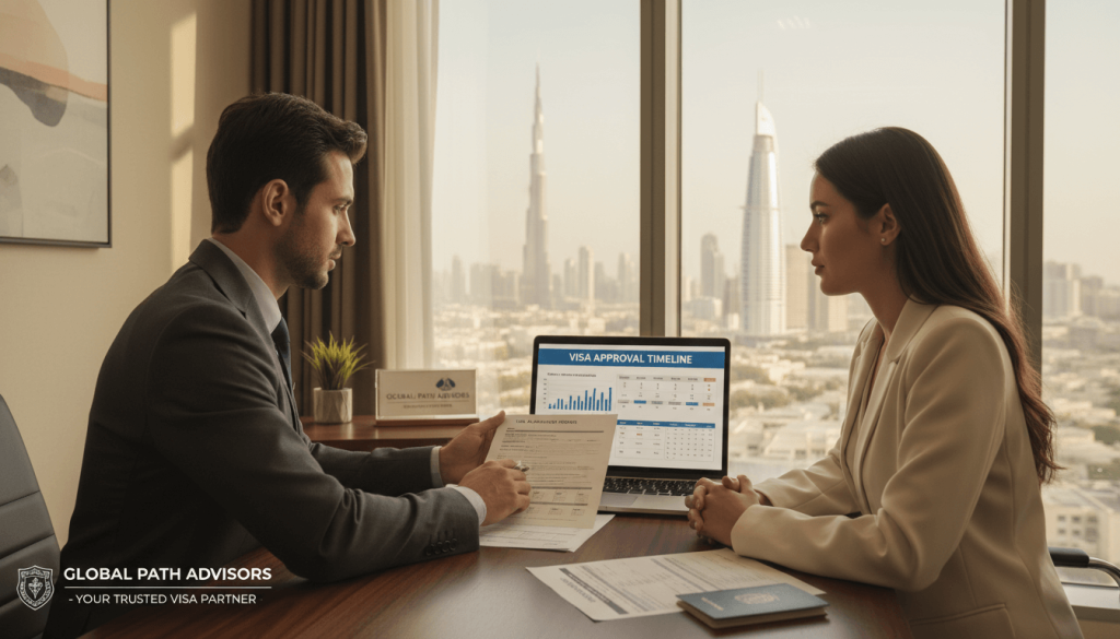 Consultant reviewing UAE visa documents with a client in an office overlooking Dubai’s skyline