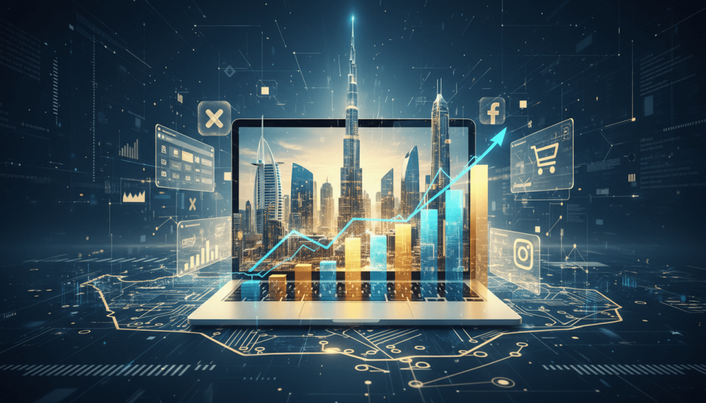 Digital illustration of Dubai skyline emerging from a laptop, representing online business growth and expansion