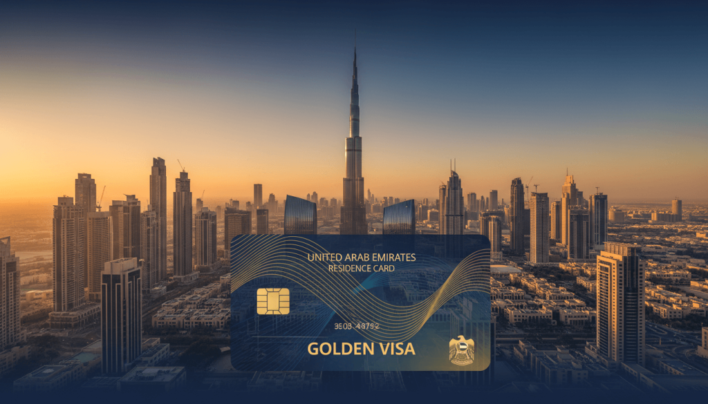 Dubai skyline at sunset with a stylised UAE Golden Visa card in the foreground