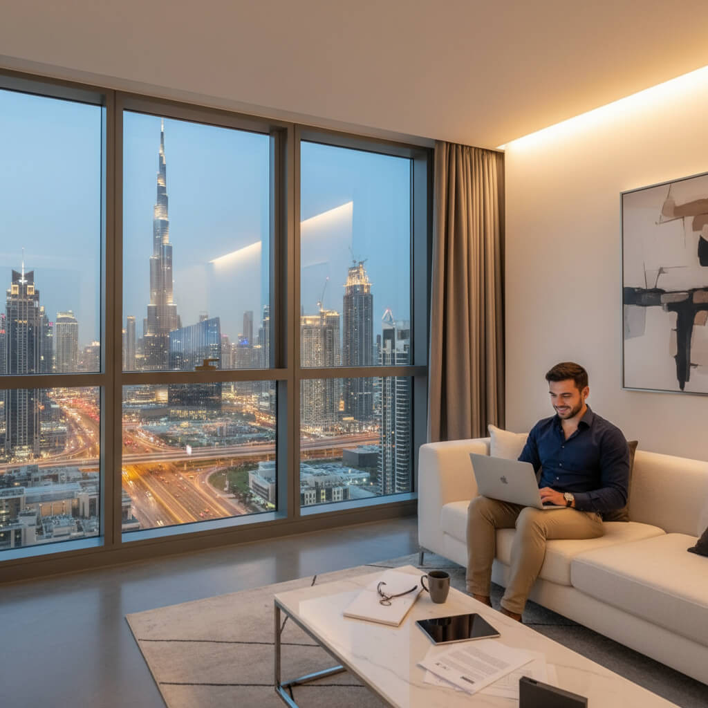 Entrepreneur applying for e trader license Dubai from home with Dubai skyline view