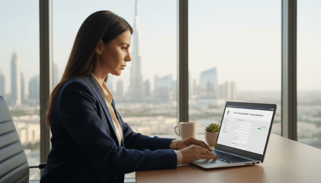 Entrepreneur registering an online business in Dubai through a digital government portal with skyline view in the background