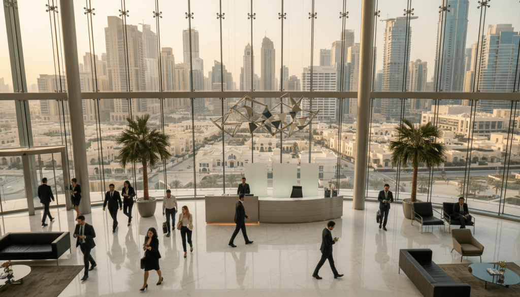 Entrepreneurs planning how to start a business in UAE in a modern Dubai office