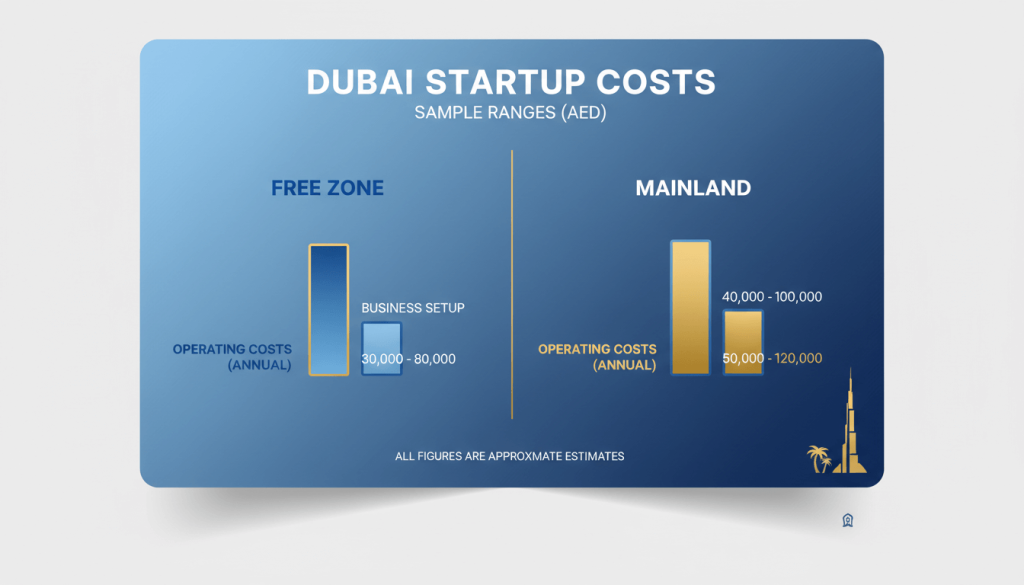 Estimated cost ranges for starting a business in UAE on mainland and in free zones