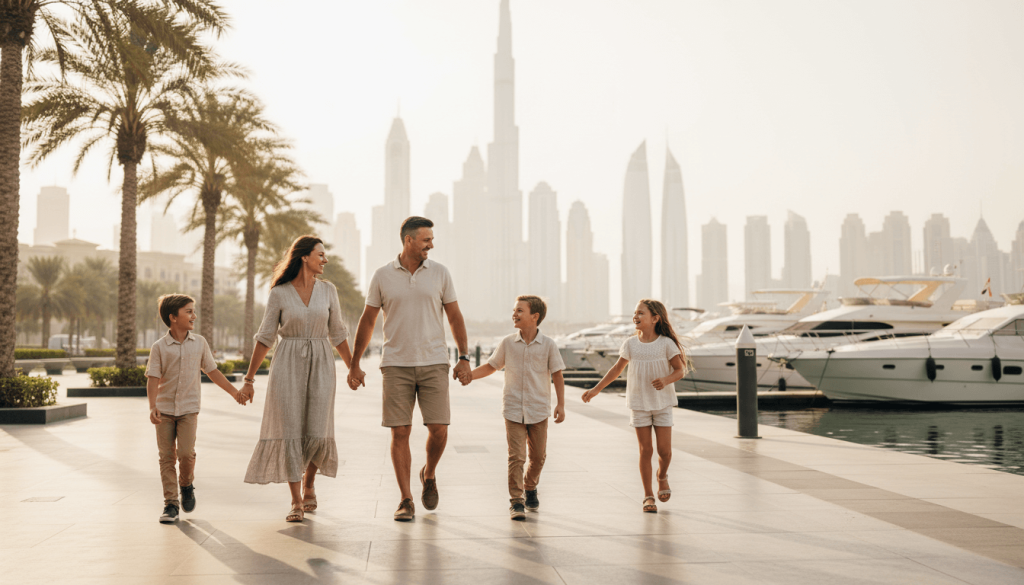 Expat family enjoying an evening walk on a Dubai waterfront with the skyline behind them