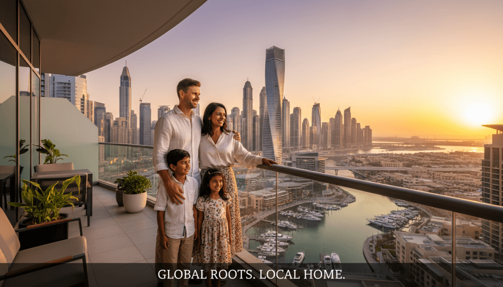 Expat family overlooking Dubai Marina skyline after obtaining UAE family visa.