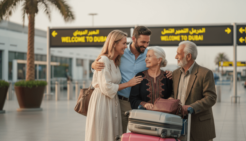 Expat family reuniting with elderly parents at Dubai airport on a parents’ residence visa