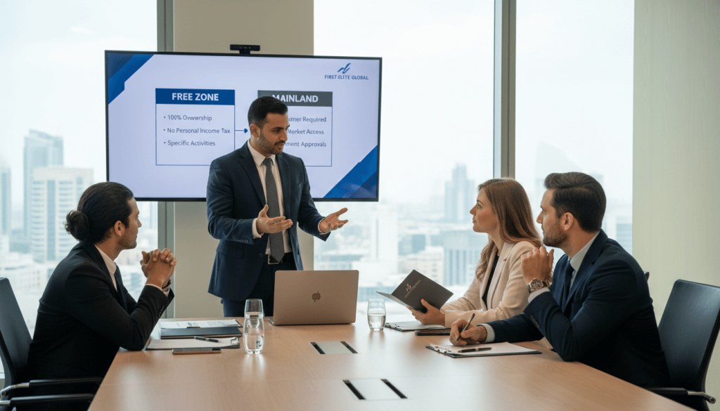 First Elite Global advisor explaining small business setup options in UAE for low investment startups