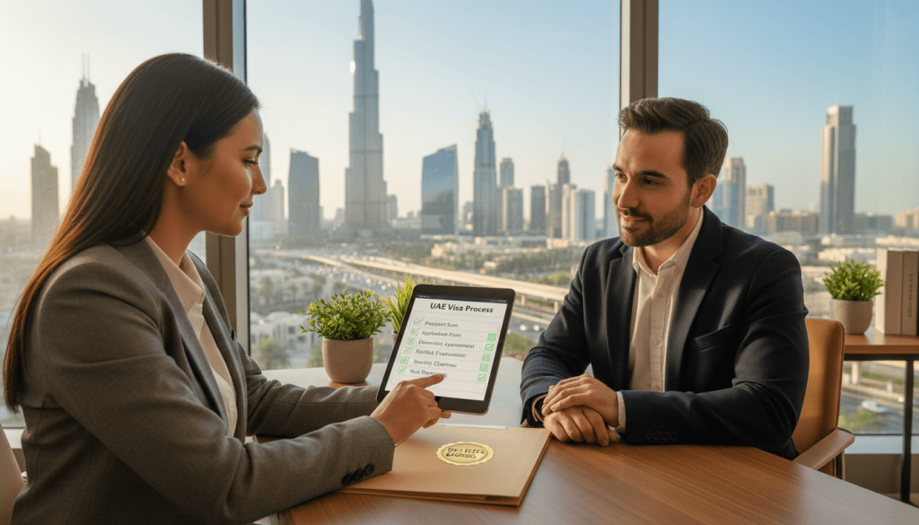 First Elite Global consultant guiding a client through the UAE employment and residence visa process