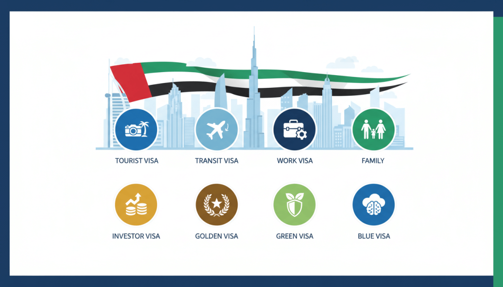 Illustrated overview of main UAE visa types including tourist, work, family, Golden, Green and Blue visas