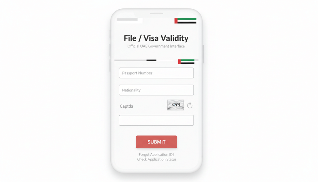 Illustrated smartphone screen showing an example visa validity form with passport number and nationality fields
