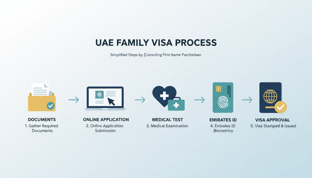 Illustrated step-by-step process for applying a UAE family visa
