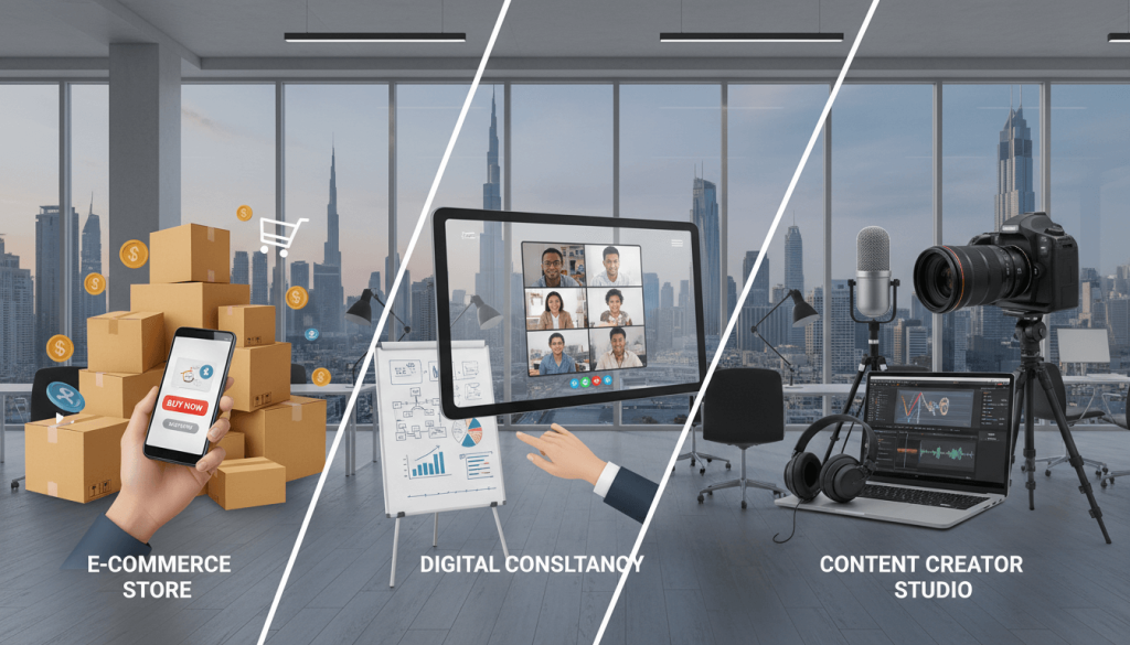 Illustration of various online business models in Dubai — e-commerce, remote services, and digital content creation