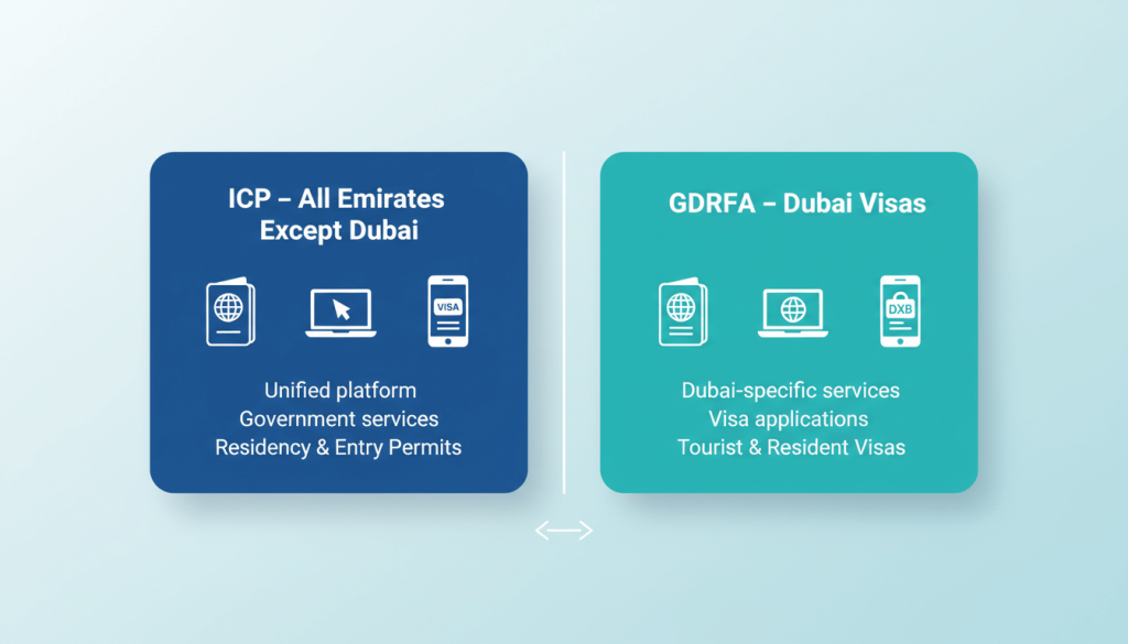Infographic comparing ICP and GDRFA as the two main official portals for checking UAE visa status