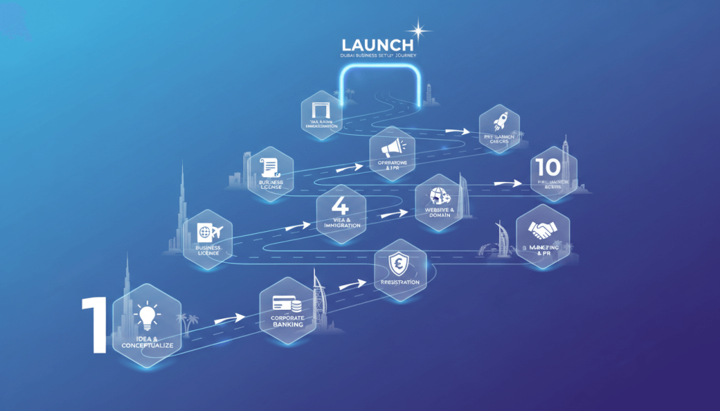 Infographic showing 10-step process to start an online business in Dubai — from idea to website launch.