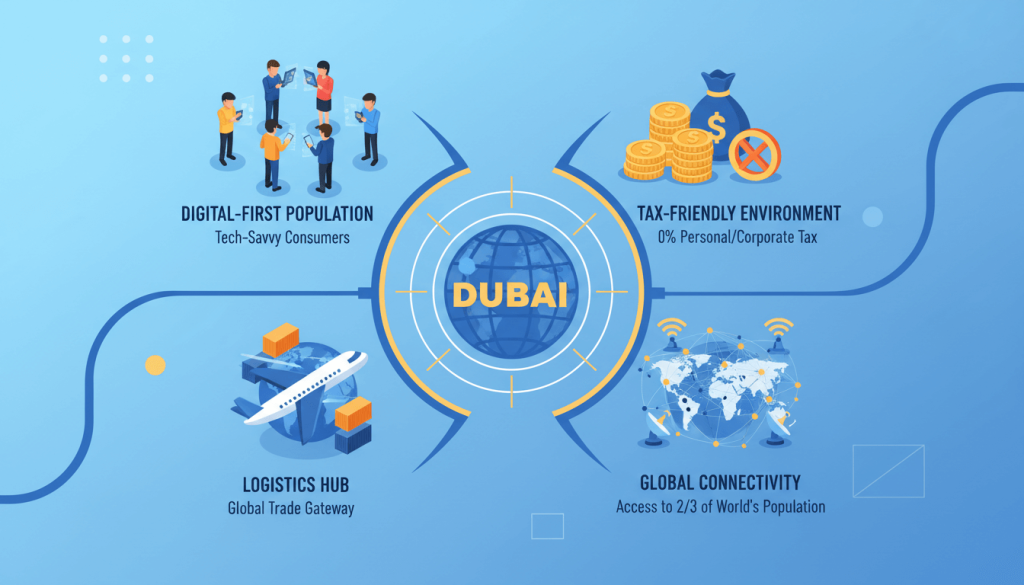 Infographic highlighting Dubai’s strengths for online business — high internet use, low tax, strong logistics, and global reach