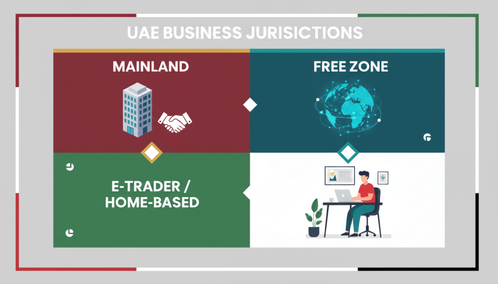 Infographic comparing mainland, free zone, and home-based online business options in Dubai