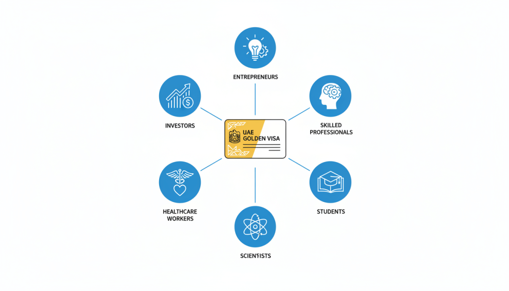 Infographic showing main categories eligible for the UAE Golden Visa, including investors, entrepreneurs, professionals, students, scientists and healthcare workers