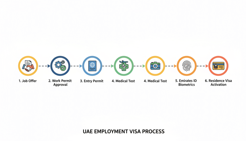 Infographic showing the step-by-step process to get a UAE employment and residence visa