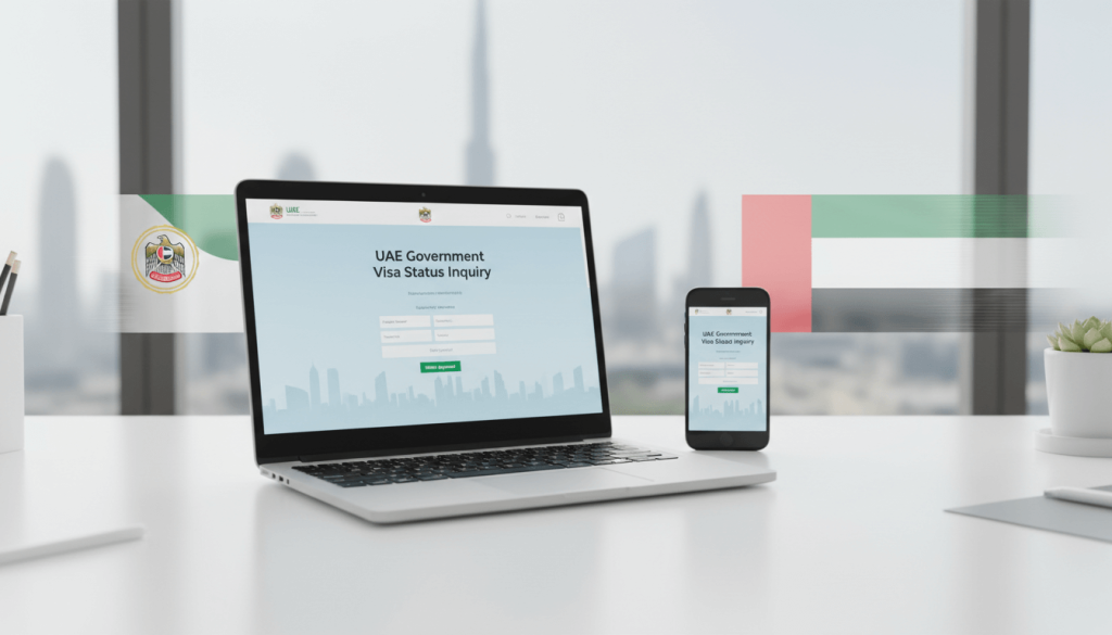 Laptop and smartphone displaying an official UAE visa status page online with Dubai skyline in the background