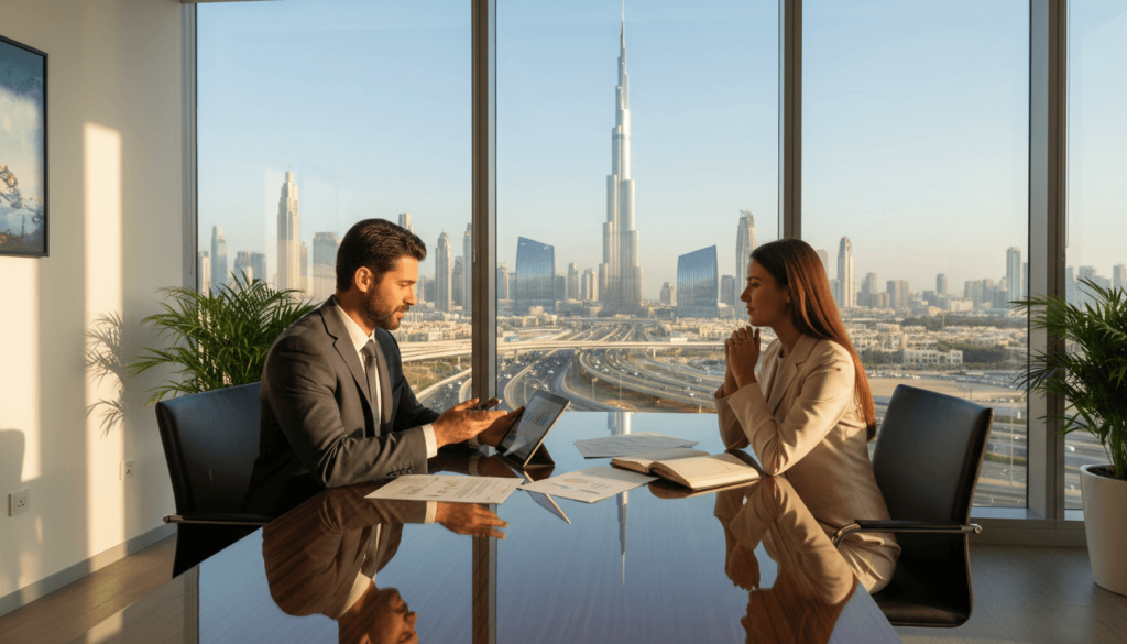 Professional image of a consultant advising a client with Dubai skyline visible in the background