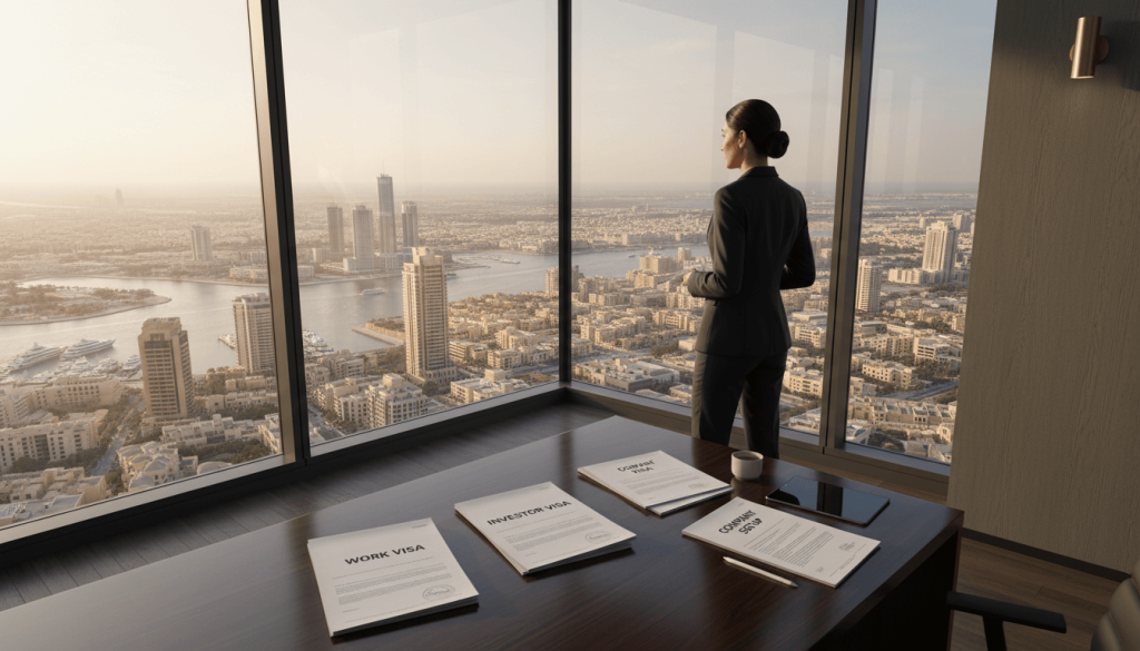 Professional in Dubai office reviewing UAE work and investor visa documents