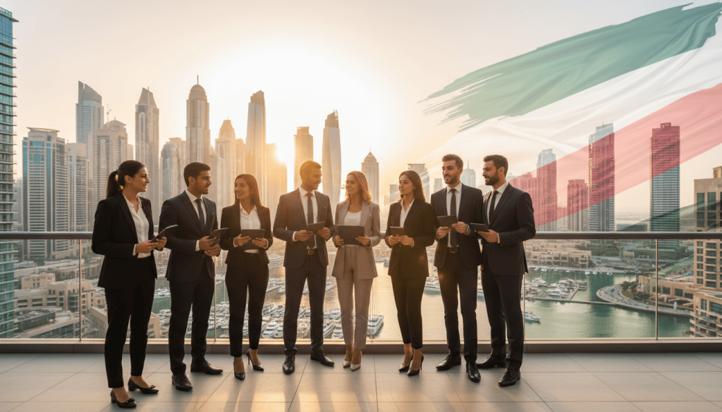 Professionals overlooking Dubai skyline while preparing UAE employment and residence visa documents