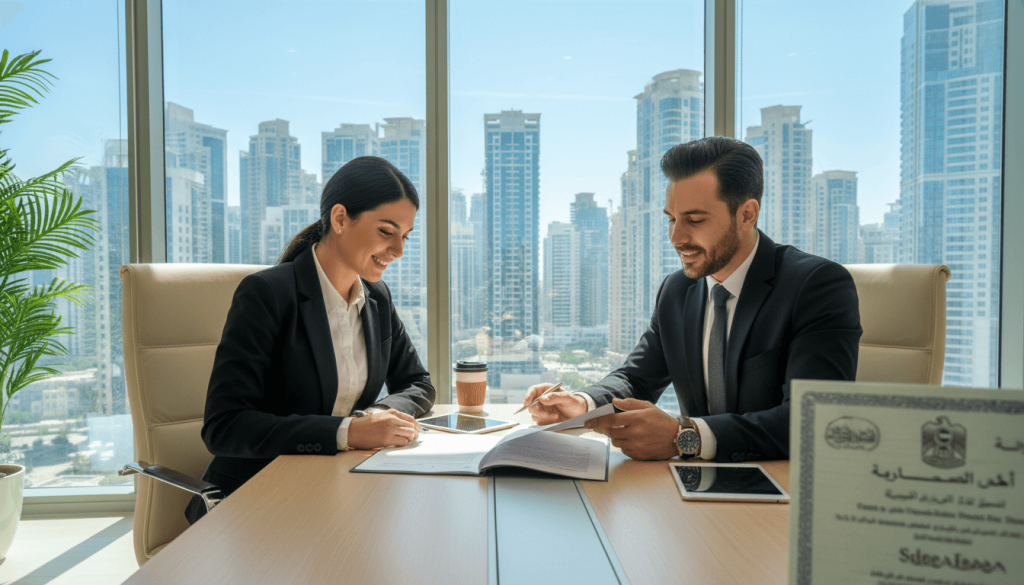Property investors in Dubai reviewing documents with an agent, with residential towers visible outside