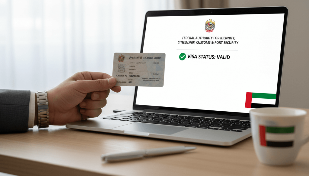 Resident using Emirates ID and government portal to check UAE work visa status online