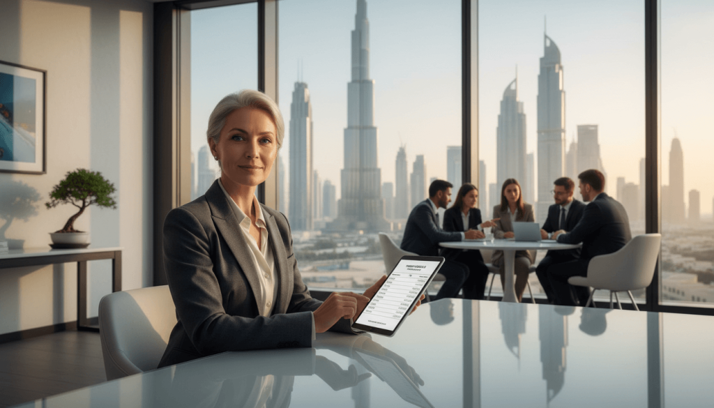 Senior executive in Dubai reviewing salary details on a tablet in a modern office