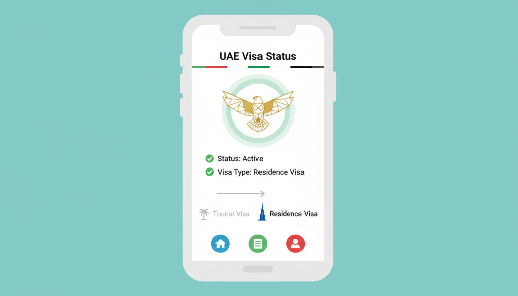 Smartphone screen depicting a UAE visa status check and change from tourist to residence visa