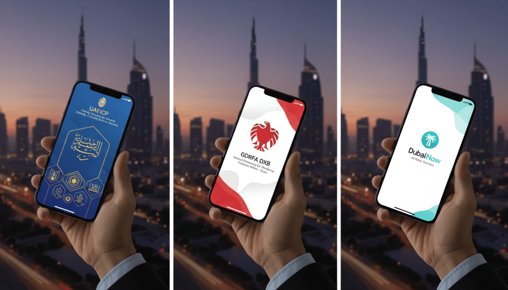 Three smartphones showing stylised UAE government apps used to check visa status, with Dubai skyline in the background