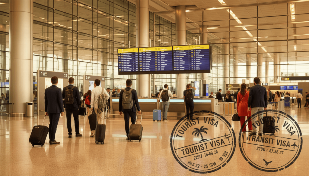 Travellers in Dubai airport with visual references to tourist and transit visas