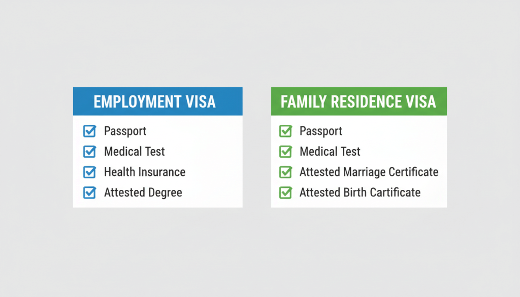 Comparison checklist of documents for UAE employment visa and family residence visa, including medical test and attested certificates
