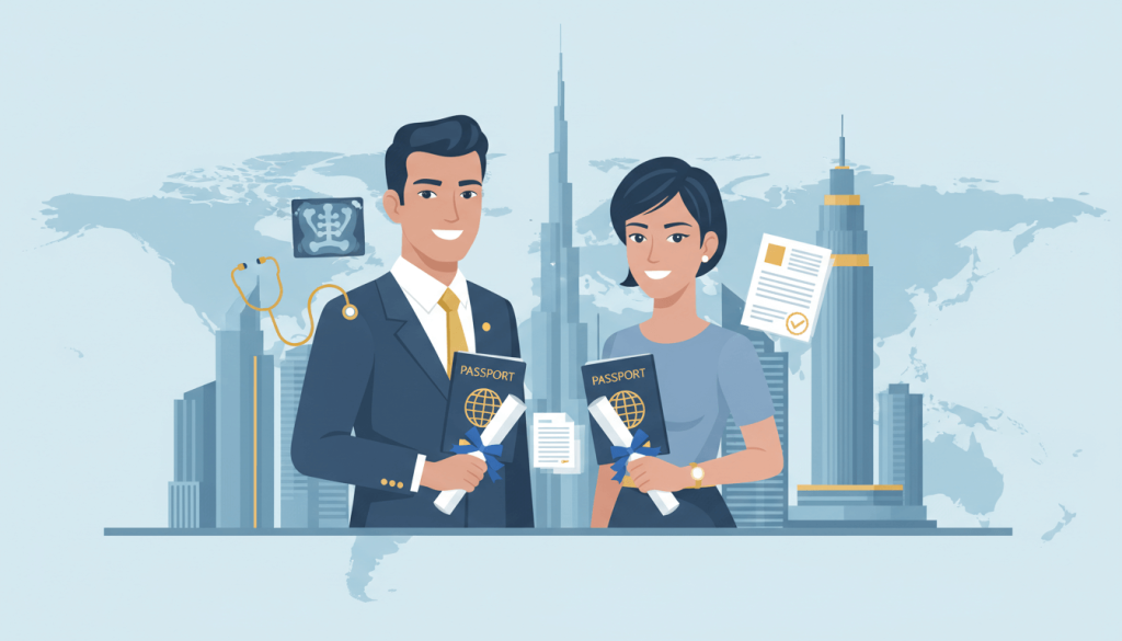 Expat couple holding passports and medical certificates in front of Dubai skyline representing UAE visa medical tests and attested documents