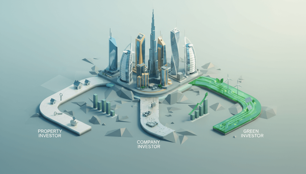 Illustration of three pathways to UAE residency through property, business and Green investor visas