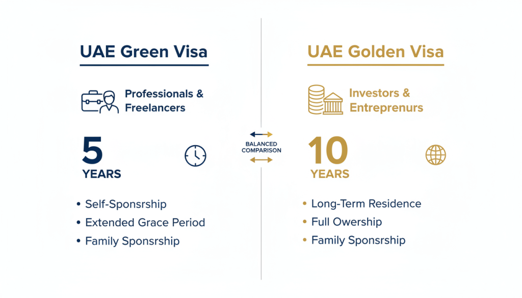 Infographic comparing key differences between the UAE Green Visa and Golden Visa