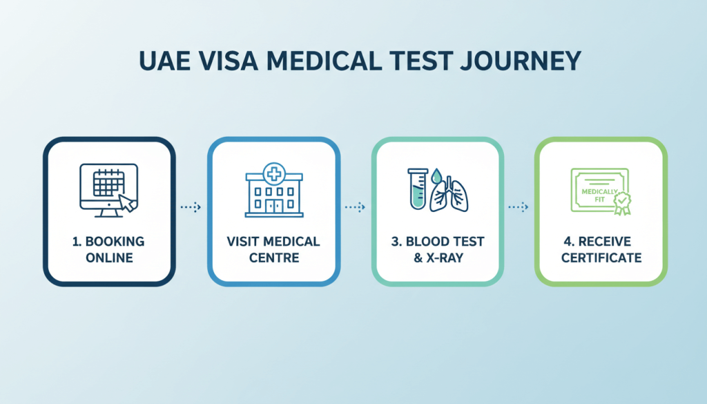 Infographic showing the four main steps of the UAE visa medical test from booking to receiving the fitness certificate