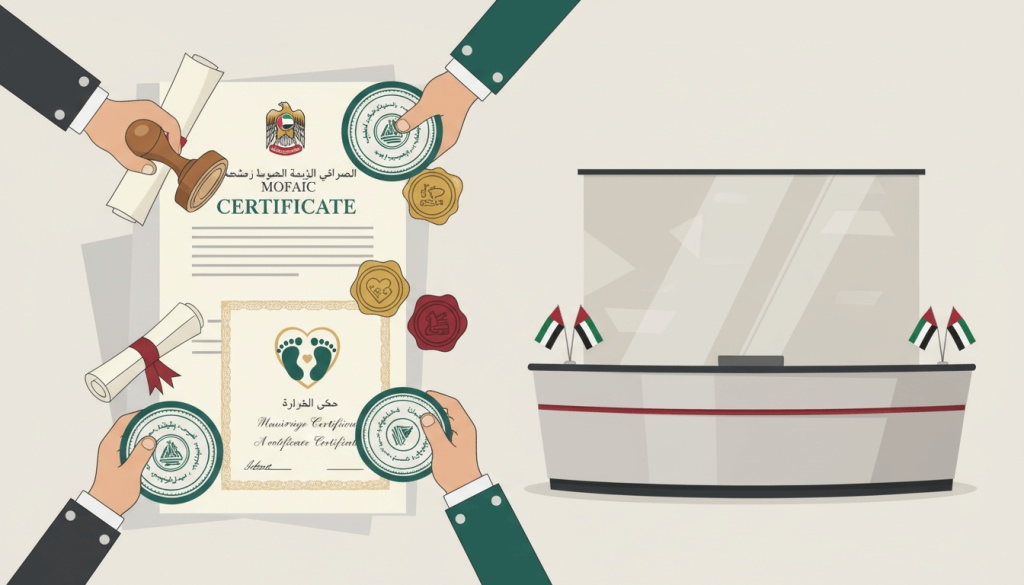 Stack of degree, marriage and birth certificates being stamped and attested for use in the UAE