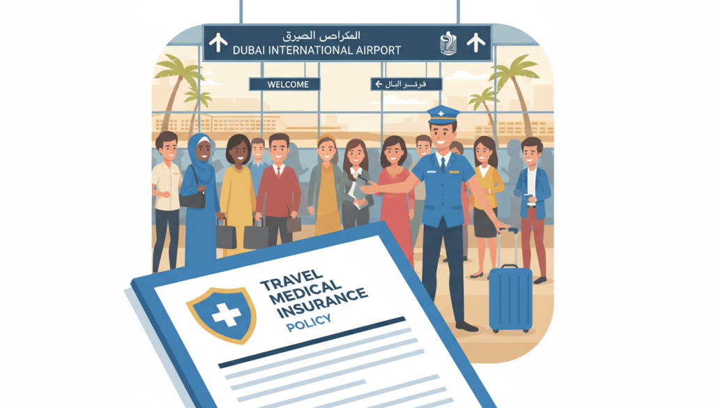 Visitor arriving at a UAE airport with travel medical insurance policy representing mandatory health cover for visit visas