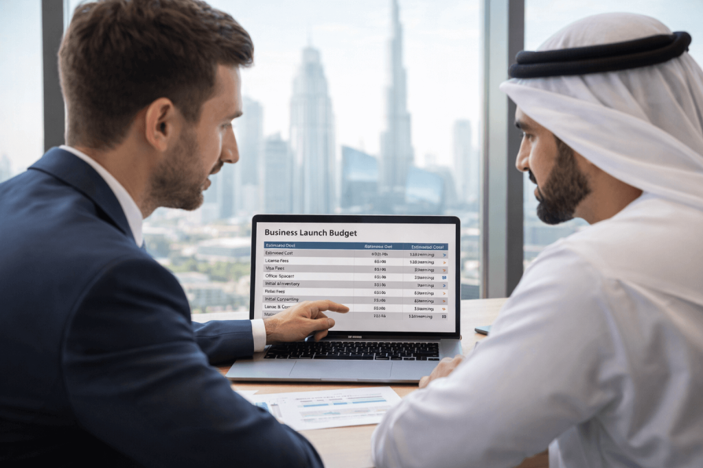 Advisor and founder reviewing Dubai startup budget plan