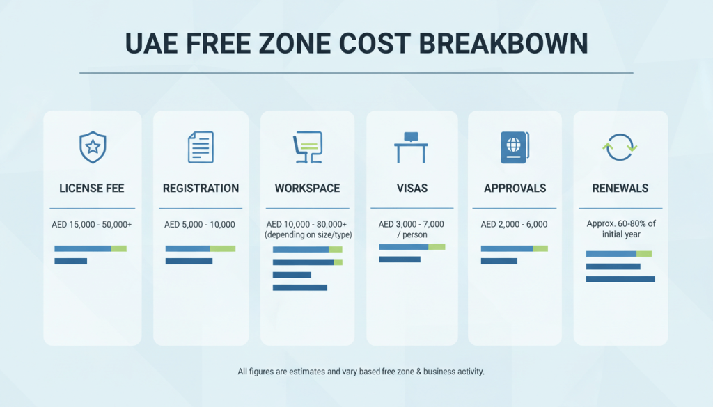 Breakdown of free zone licence fees, visa costs, and renewals in the UAE