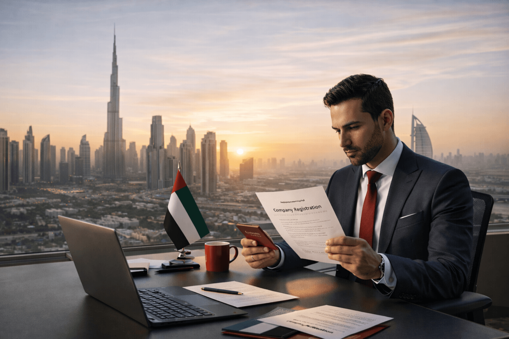 Business registration in Dubai paperwork with Dubai skyline
