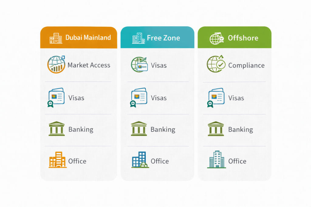 Comparison of Dubai mainland, free zone, and offshore business setup routes