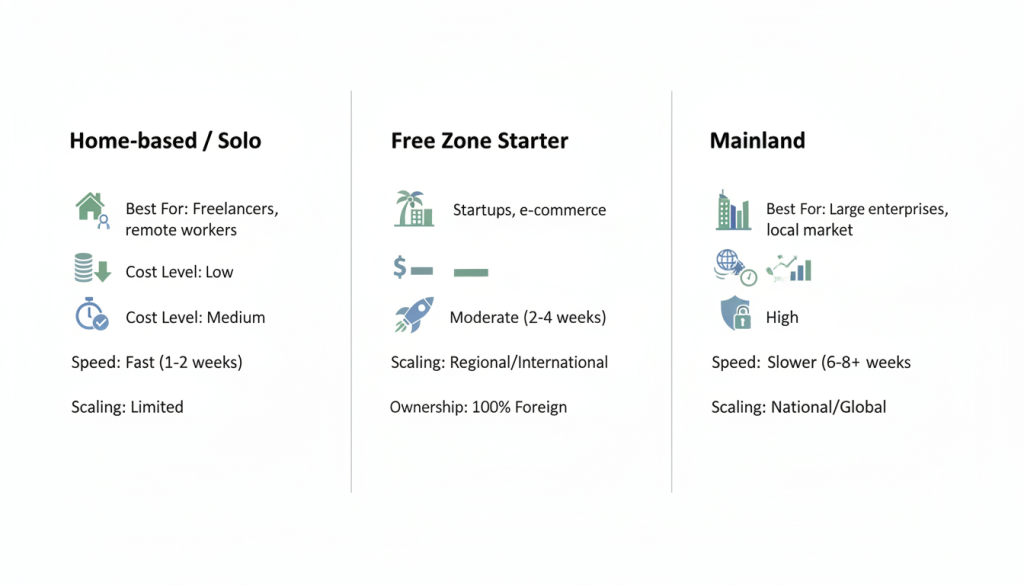 Comparison of Dubai small business setup routes - home-based, free zone, mainland