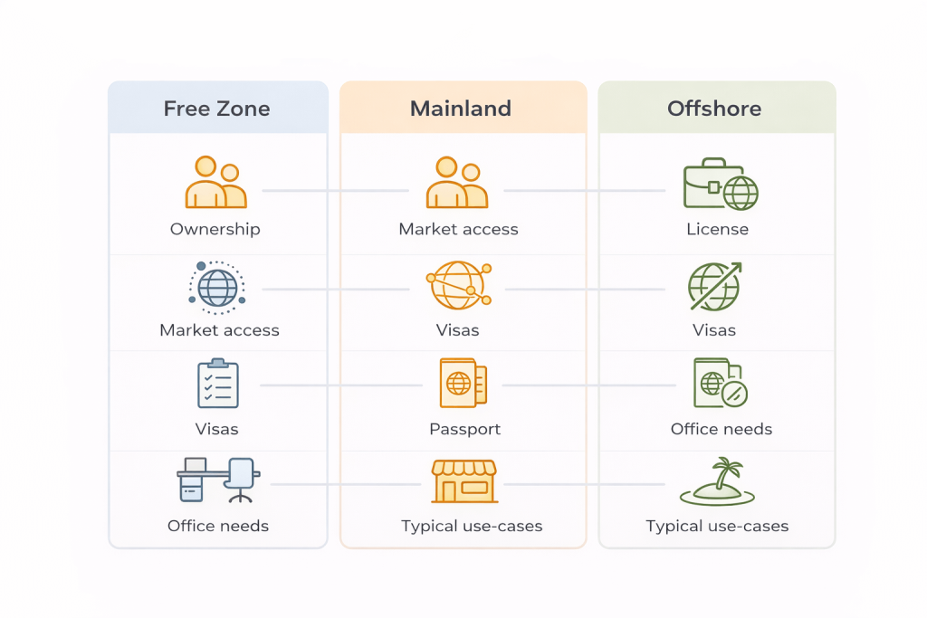 Comparison of free zone, mainland and offshore options for Dubai entrepreneurs